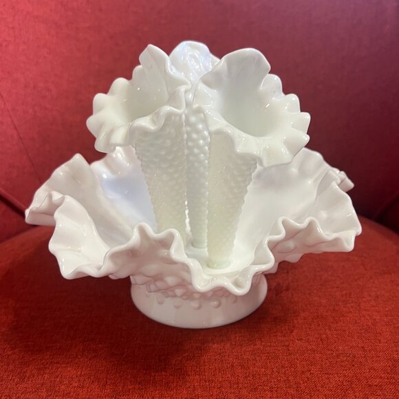 Vintage Fenton Hobnail Milk Glass Epergne: 1950s Ruffled Trumpet Vase - Picture 1 of 11